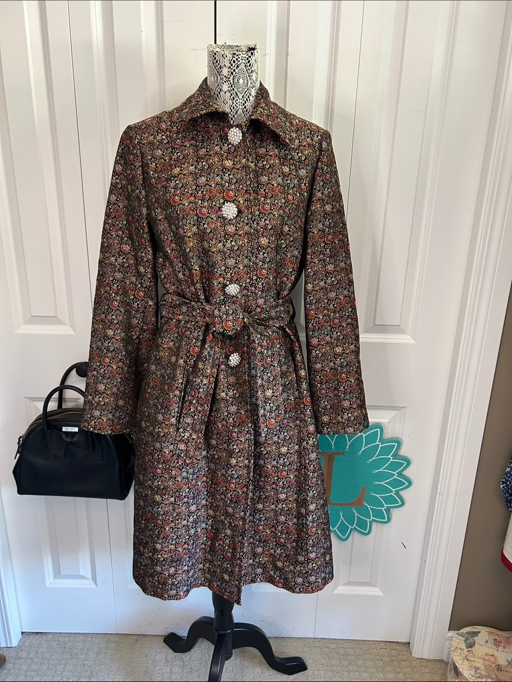 Simply fabulous silk WDNY tapestry-like printed trench with bling buttons